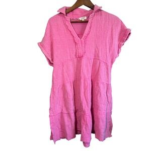 Umgee Cotton Gauze Tiered Dress Womens S Pink Excellent Boho Short Sleeve V-Neck